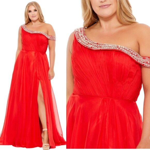 Mac Duggal Beaded Drop Shoulder Pleated Flowy Gown in Size 14W‎ Plus Sized NWT - Picture 1 of 6